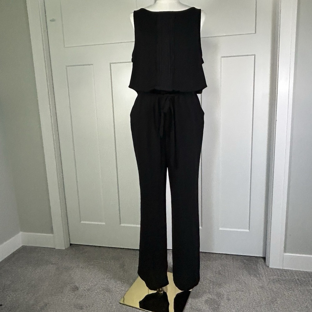 LOFT Black Sleeveless Jumpsuit Women's 12 Tie Waist Pockets - Picture 2 of 12